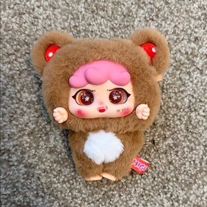 Qtoy Cute Brown Plush Doll with Pink Hair
